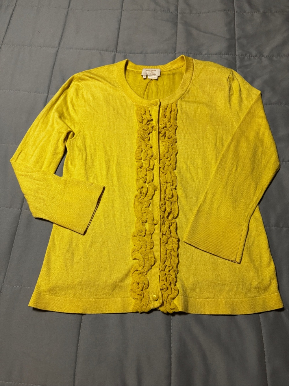 kate spade Yellow Silk Knit Ruffle Button Round Neck Cardigan Sweater S